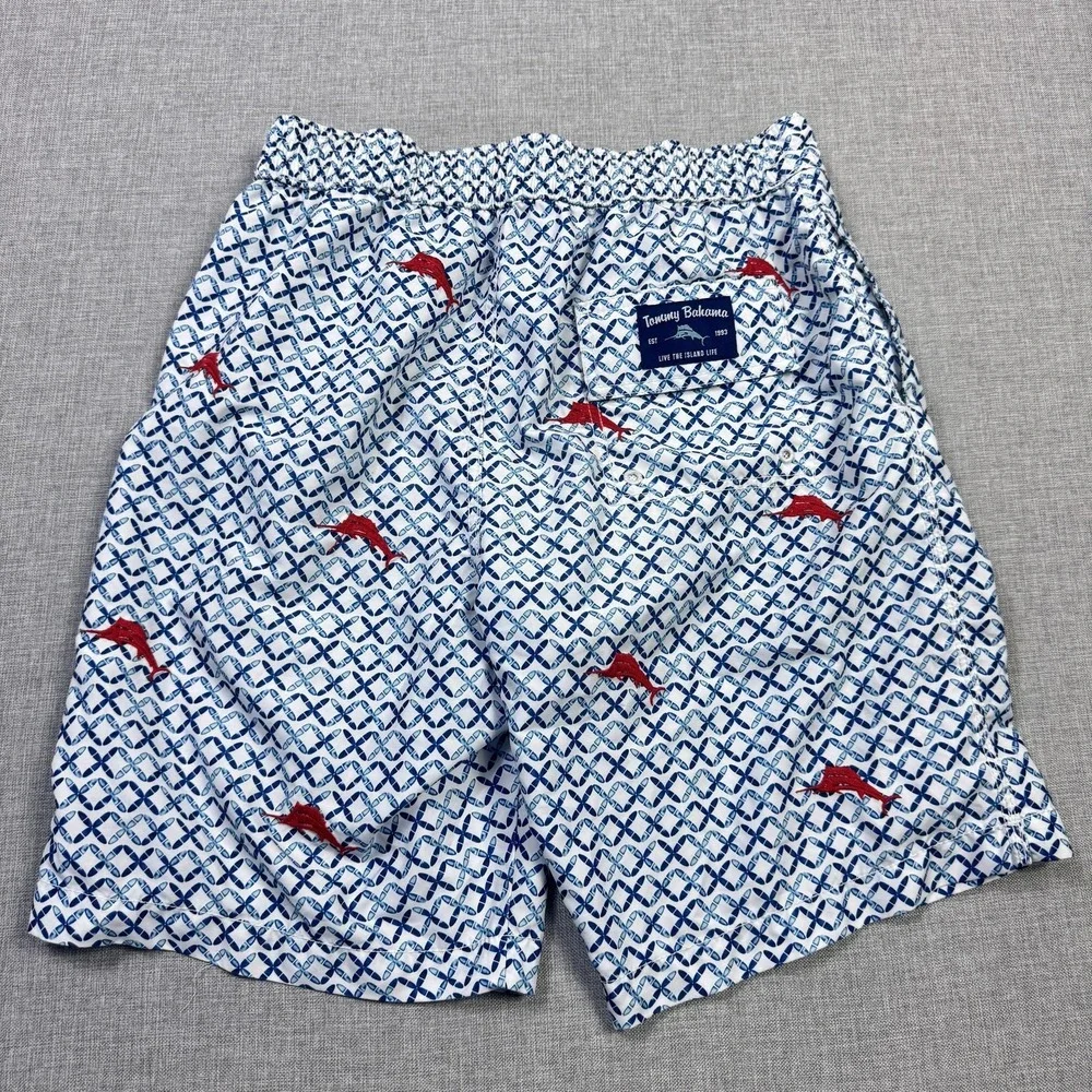 Tommy Bahama Swim Trunks Shorts Mens Small White‎ Geometric Lined Drawstring